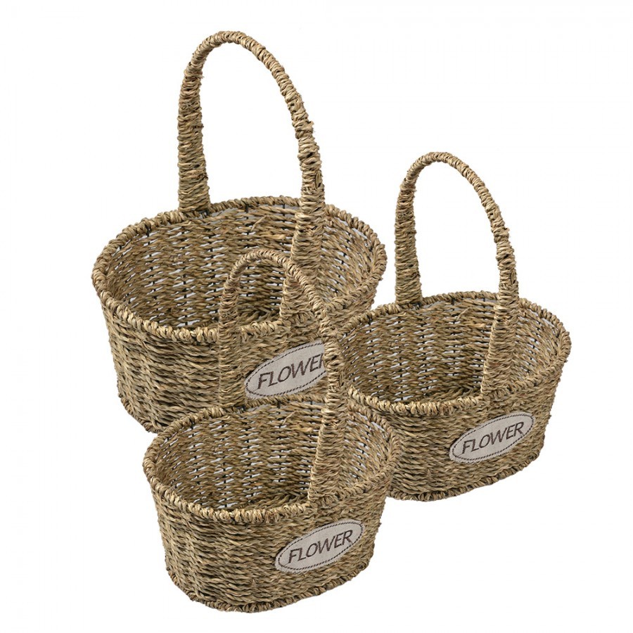 3ks pletený košík s uchy Flower - 24*19*12/28 / 20*16*11/26 / 17*13*10/22 cm