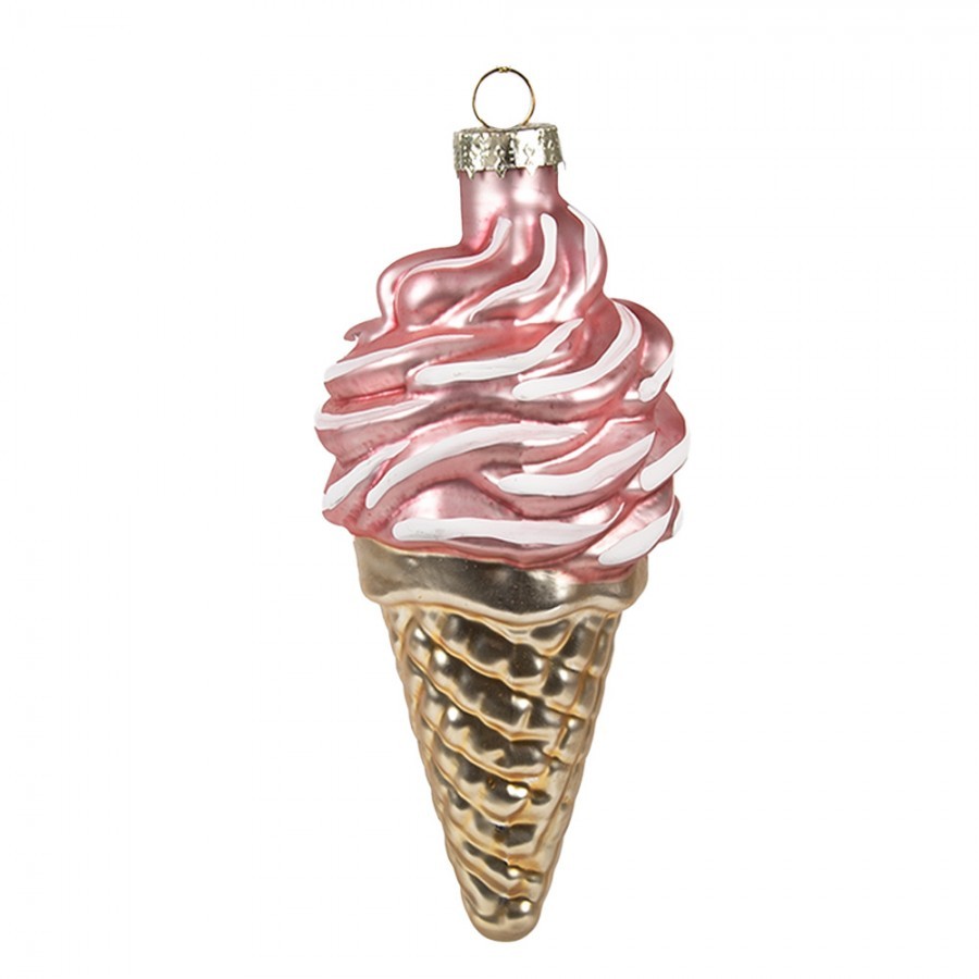 Růžovozlatá skleněná ozdoba zmrzlina - Ø 7*14 cm 