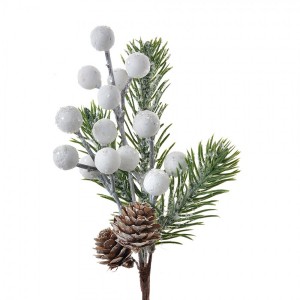 Dekorace zápich vánoční větvička s bílými kuličkami - 8*6*22 cm