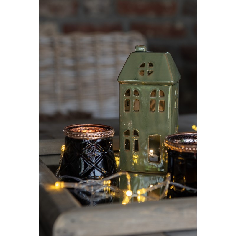 Hnědo-zelený porcelánový svítící domek - 7*6*15 cm