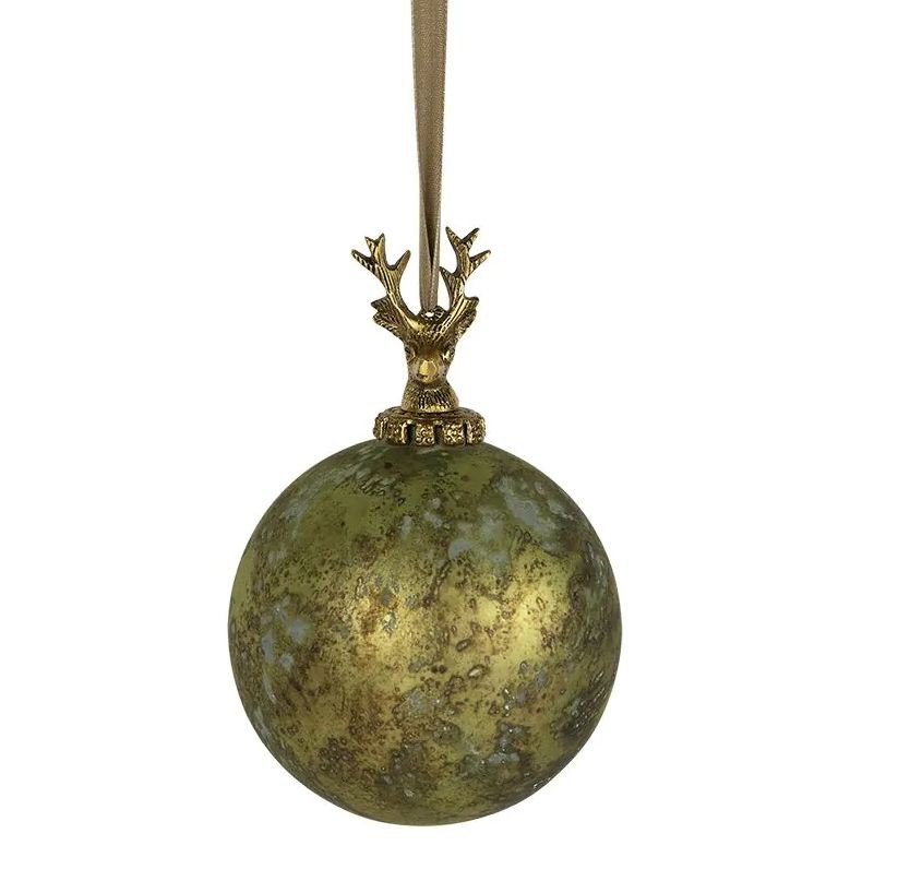 Zlato-zelená antik skleněná vánoční koule s jelenem Deer - Ø 12*19 cm