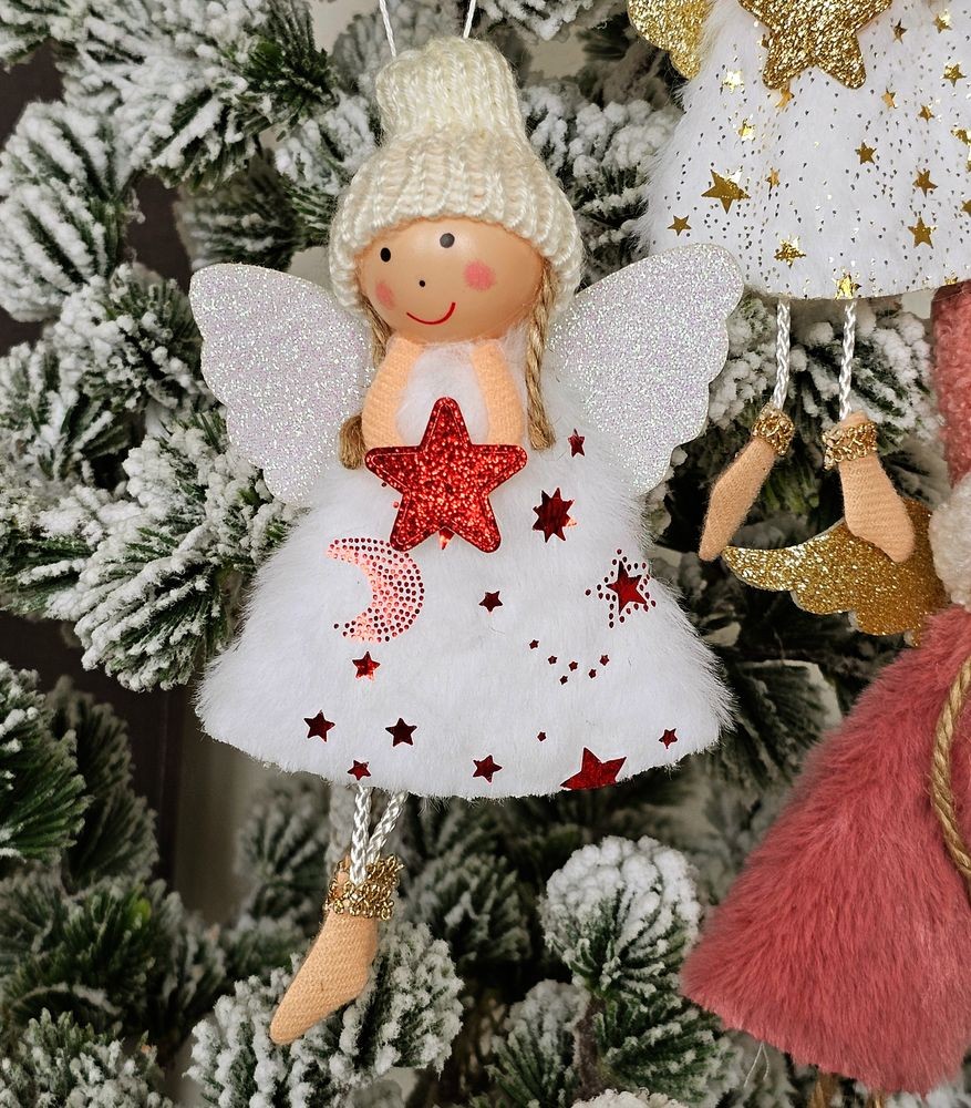 Bílá látková závěsná dekorace anděl s hvězdičkou - 8*3*15 cm