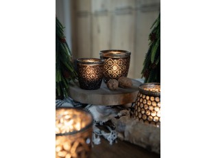 Hnědo černo zlatý skleněný svícen Tealight - 9*9 cm