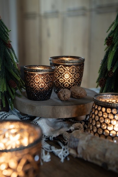 Hnědo černo zlatý skleněný svícen Tealight - 9*9 cm