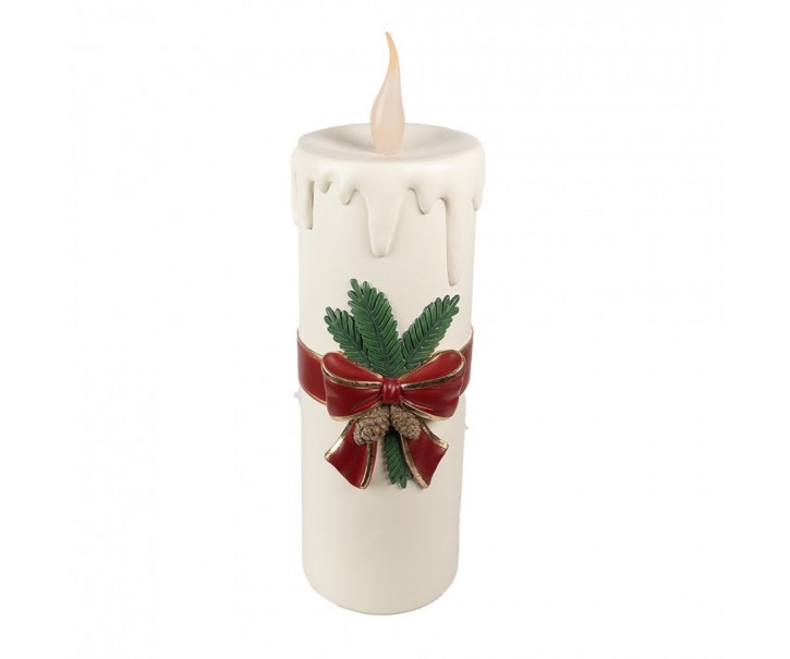 Bílá vánoční svíčka s vínovou mašlí Led Candle - 18*20*56 cm / 3*AA Clayre & Eef