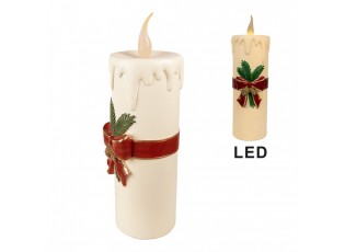 Bílá vánoční svíčka s vínovou mašlí Led Candle - 18*20*56 cm / 3*AA