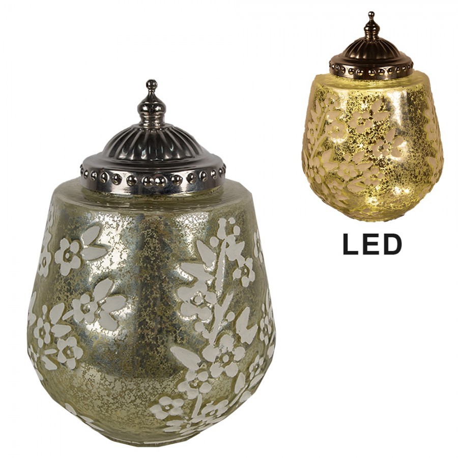 Zelená skleněná svítící LED lucerna s kvítky Balli - Ø 13*19 cm 