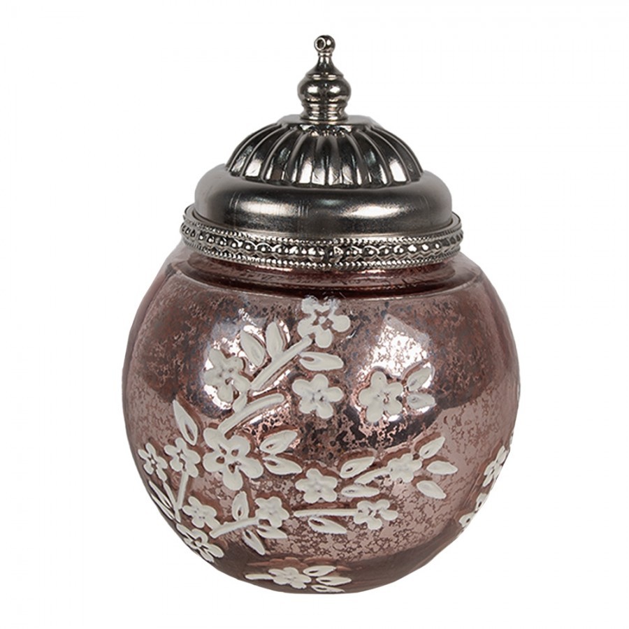 Růžová skleněná svítící LED lucerna s kvítky Balli - Ø 11*15 cm 