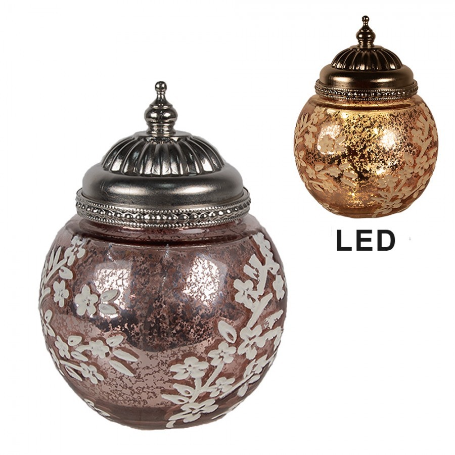 Růžová skleněná svítící LED lucerna s kvítky Balli - Ø 11*15 cm 