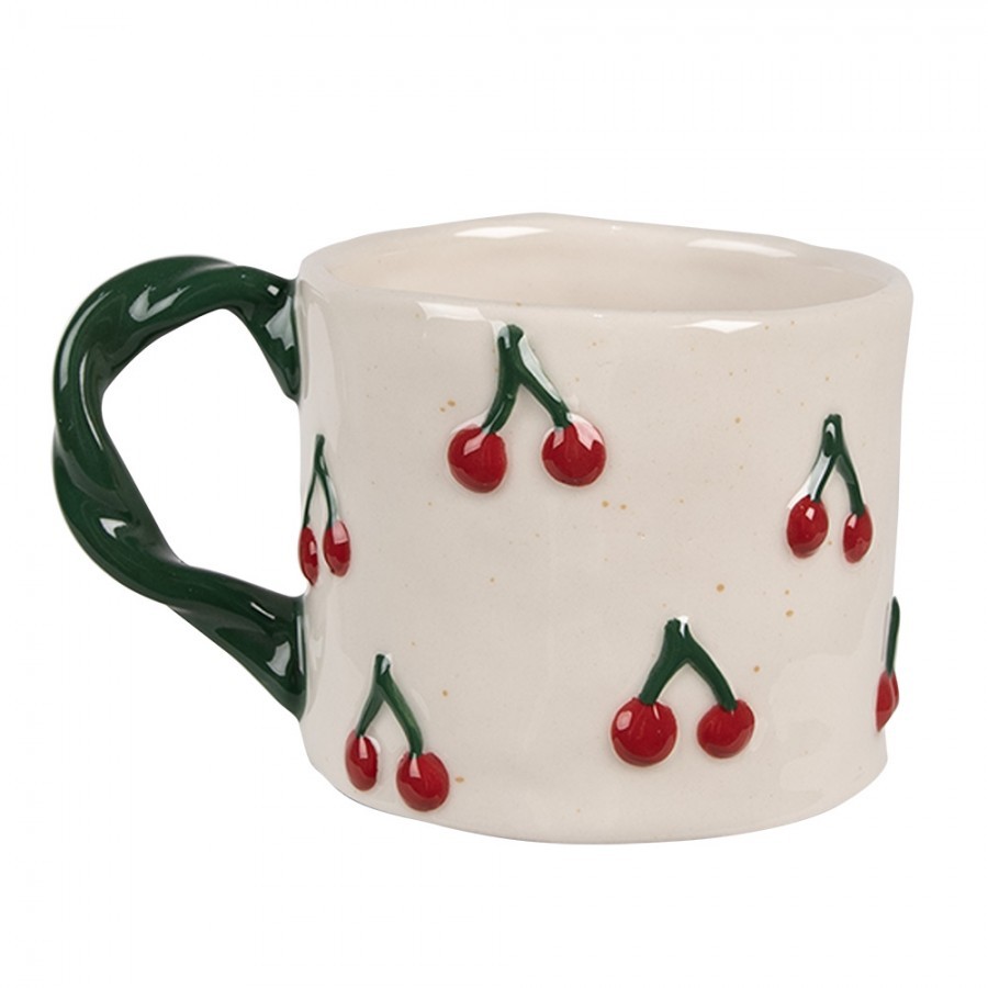 Béžový keramický hrnek s třešněmi Cherries - 13*9*7 cm / 200 ml