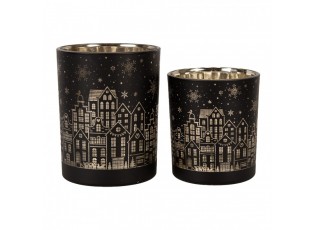 Tealight Holder Set Of 2 ? 9x10 / ? 10x12 Cm Black Glass Houses Tea-Light Holder - 10,00 cm