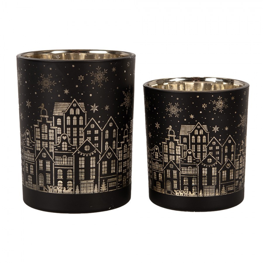 Tealight Holder Set Of 2 ? 9x10 / ? 10x12 Cm Black Glass Houses Tea-Light Holder - 10,00 cm