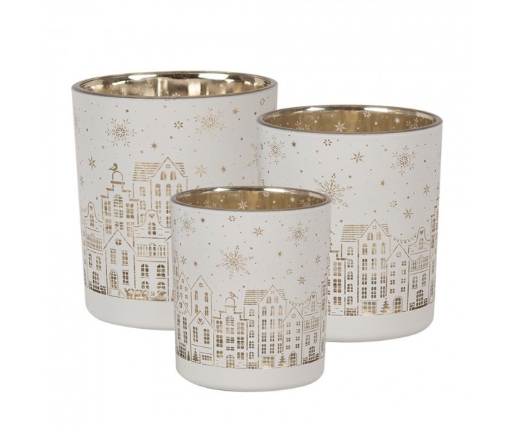 Tealight Holder Set Of 3 White Glass Houses - 10,00 cm Clayre & Eef