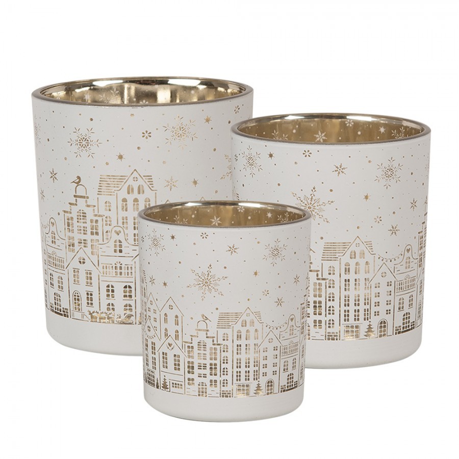 Tealight Holder Set Of 3 White Glass Houses - 10,00 cm