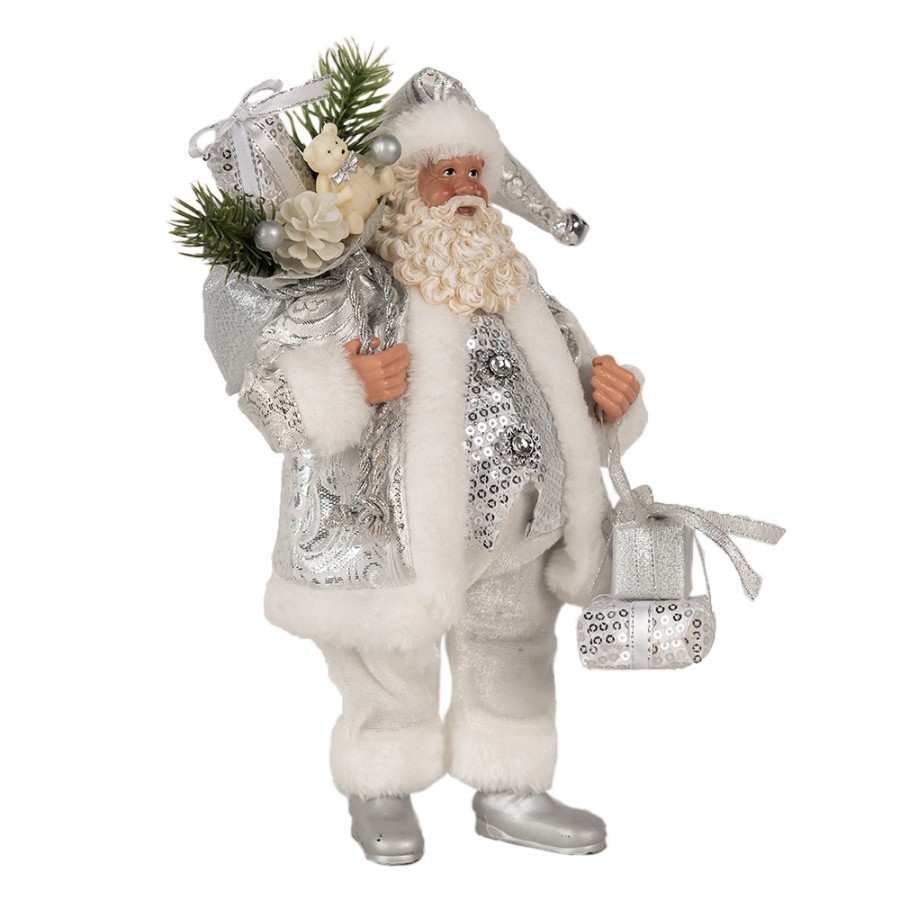 Dekorace Santa ve stříbrném obleku s pytlem dárků - 18*11*28 cm
