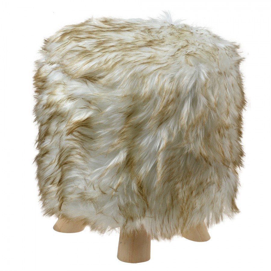 Béžový chlupatý taburet / podnožka Ottoman - Ø 32*40 cm
