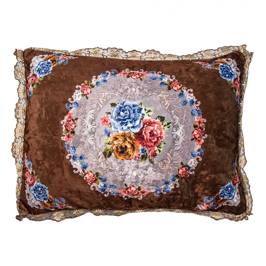 Produktové foto Hnědý polštář s květy a krajkou Baroque - 70*50*6 cm KG039.003