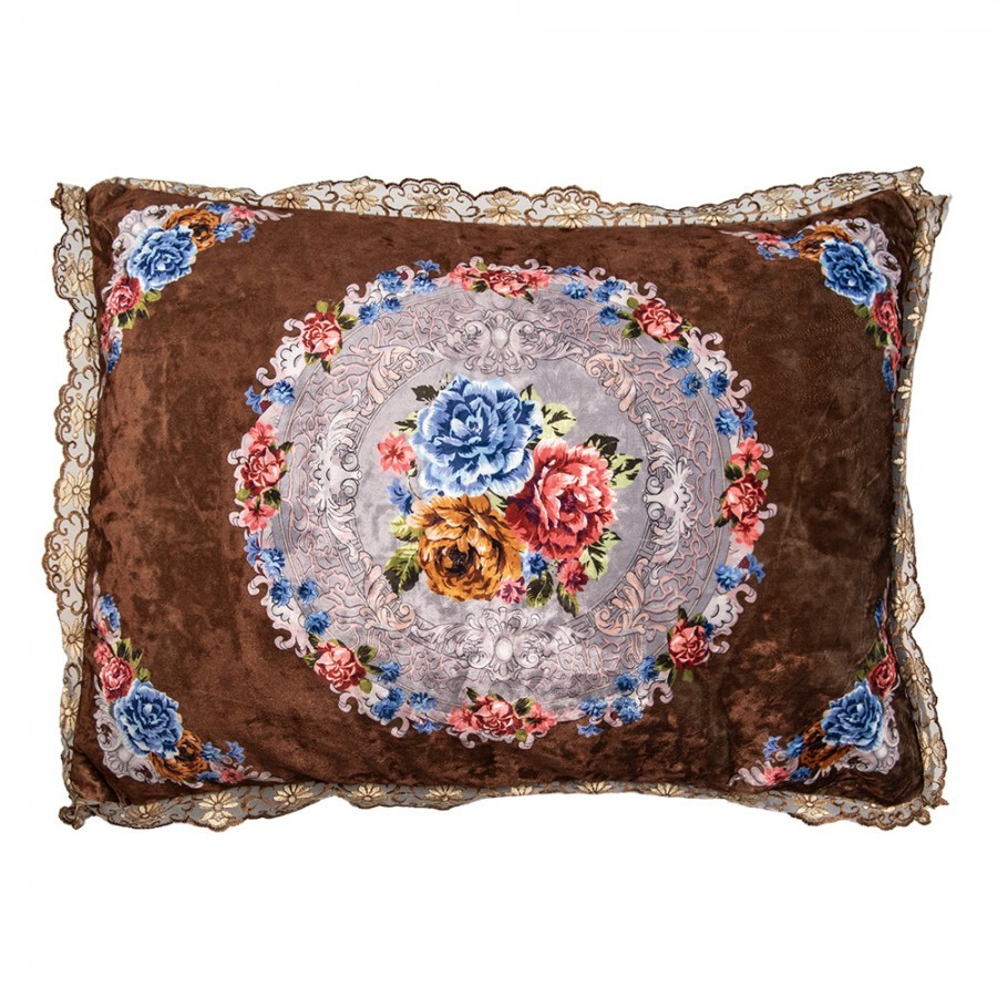 Hnědý polštář s květy a krajkou Baroque - 70*50*6 cm
