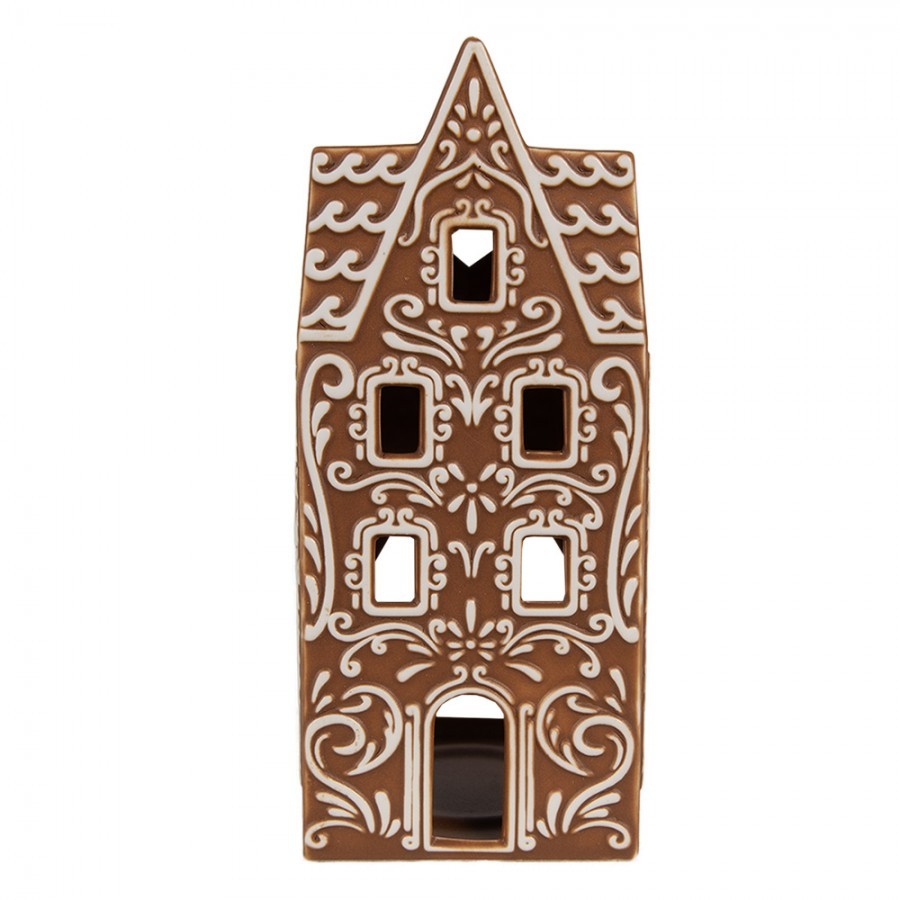 Hnědý porcelánový svícen perníková chaloupka Gingerbread House - 7*7*17 cm