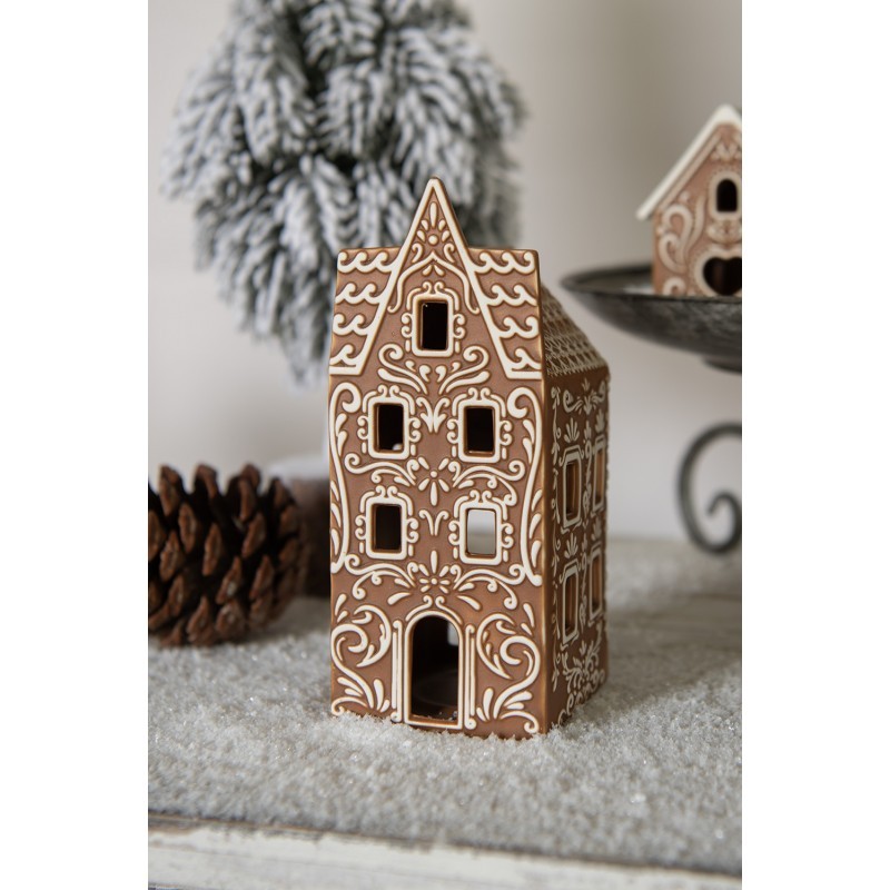 Hnědý porcelánový svícen perníková chaloupka Gingerbread House - 7*7*17 cm