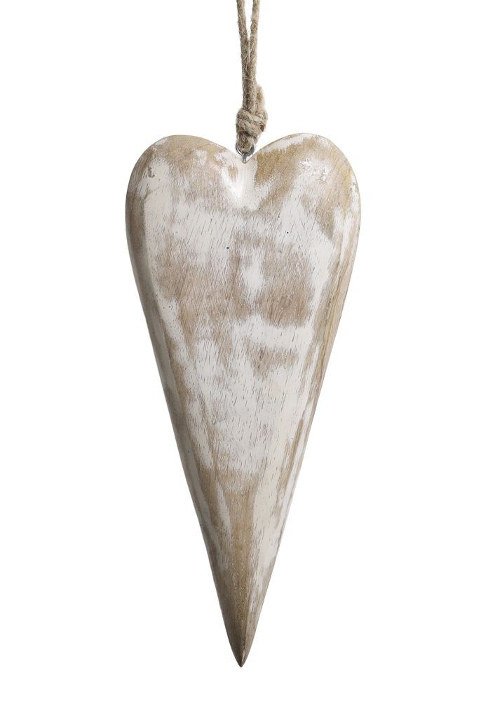 Krémové antik dřevěné závěsné srdce z mangového dřeva - 8*2*22 cm