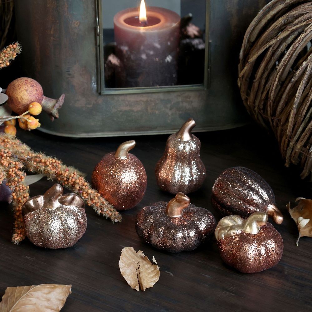 Set 6ks keramická dekorace dýně se třpytkami Pumpkin - Ø 5*7 cm 