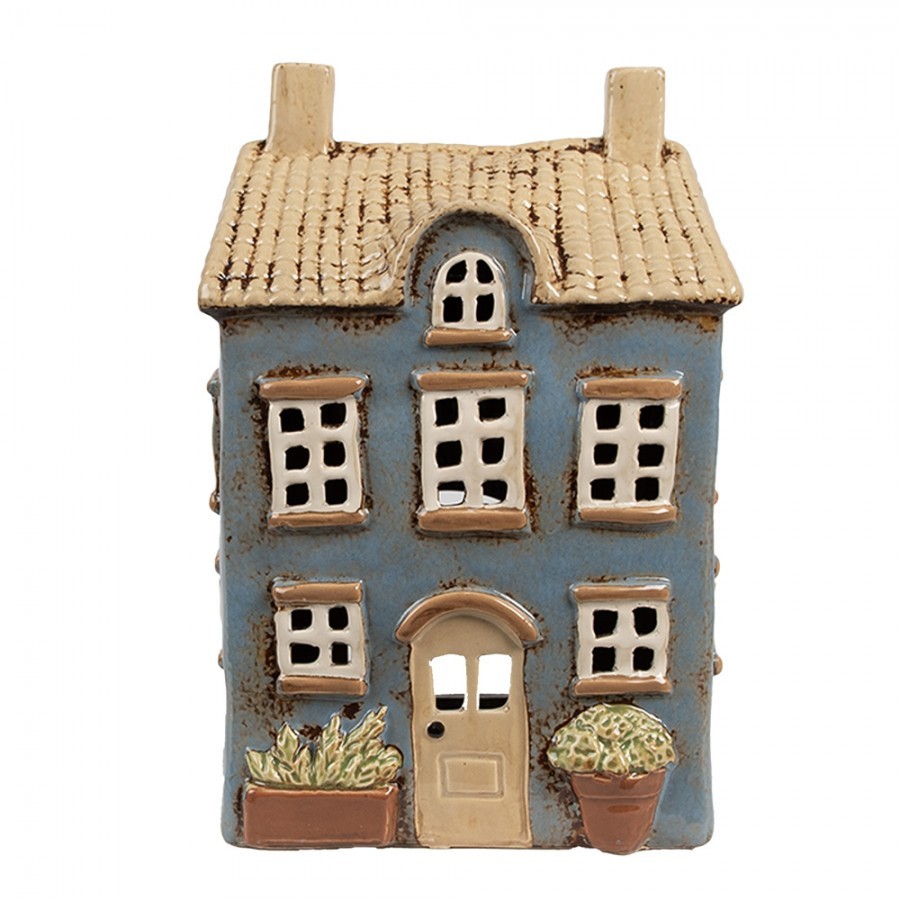 Modrý keramický svícen na čajovou svíčku domek Amster Village - 16*10*23 cm