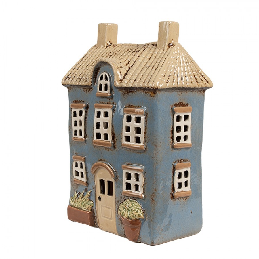 Modrý keramický svícen na čajovou svíčku domek Amster Village - 16*10*23 cm
