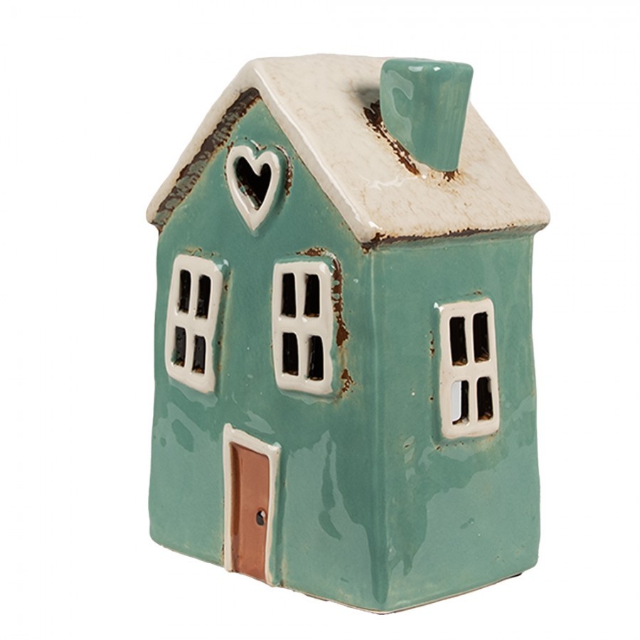 Zelený keramický svícen na čajovou svíčku domek Amster Village - 13*9*18 cm