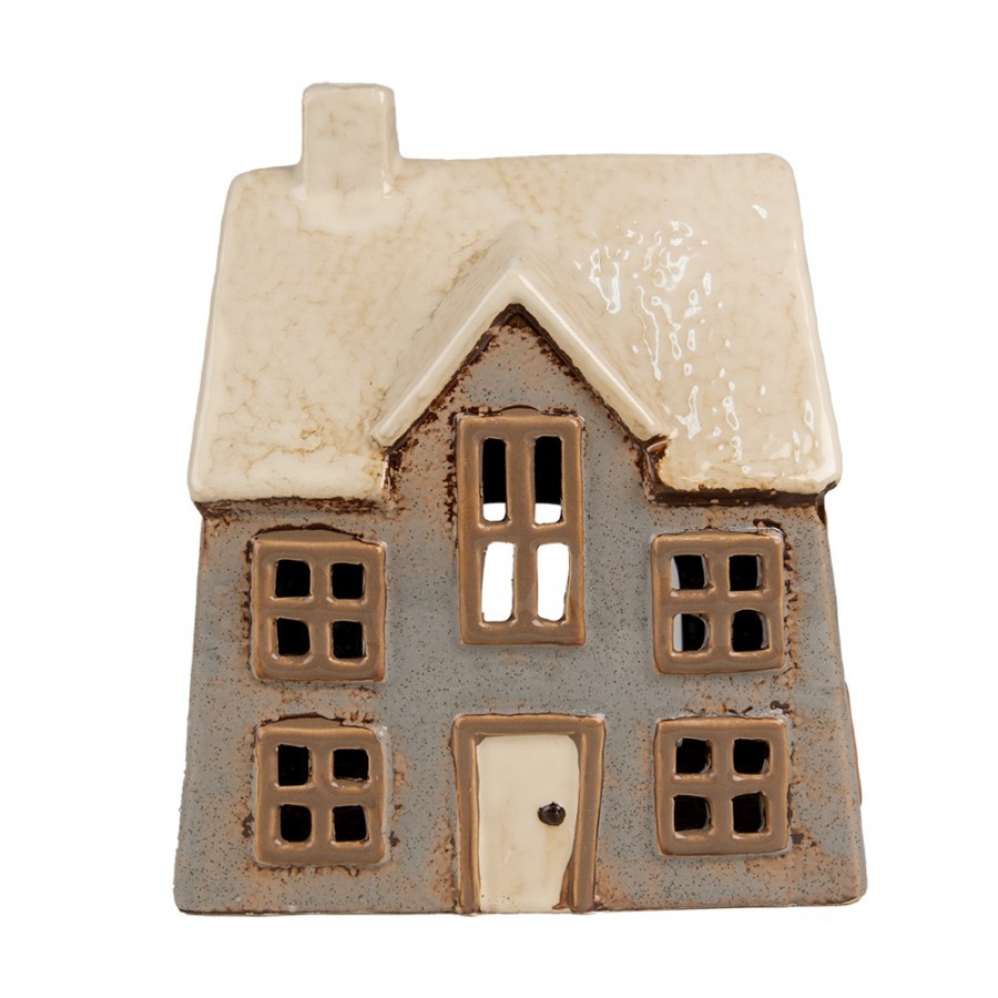 Šedý keramický svícen na čajovou svíčku domek Amster Village - 15*10*17 cm