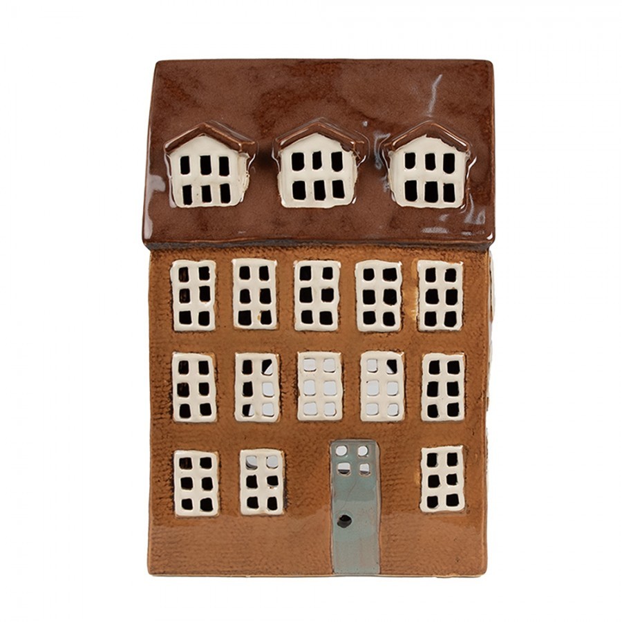 Hnědý keramický svícen na čajovou svíčku domek Amster Village - 17*11*24 cm