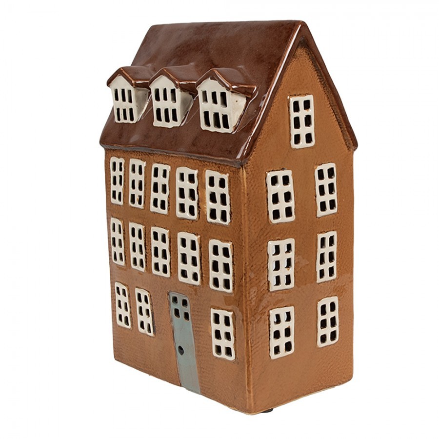 Hnědý keramický svícen na čajovou svíčku domek Amster Village - 17*11*24 cm