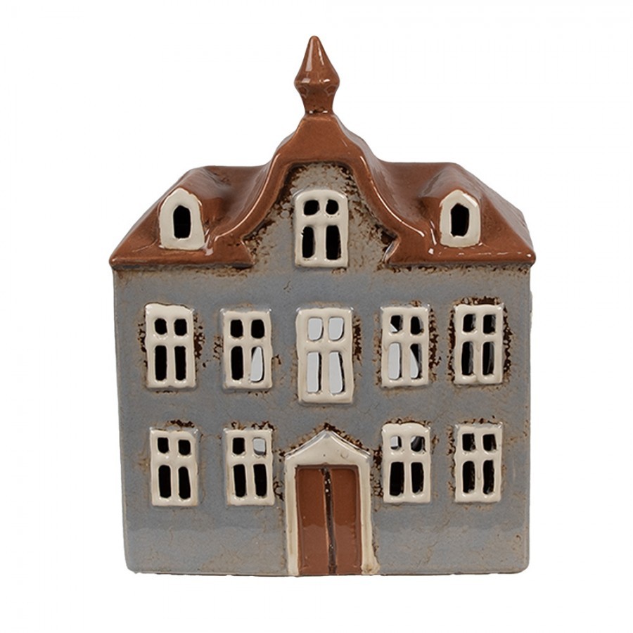 Šedý keramický svícen na čajovou svíčku domek Amster Village - 16*9*20 cm