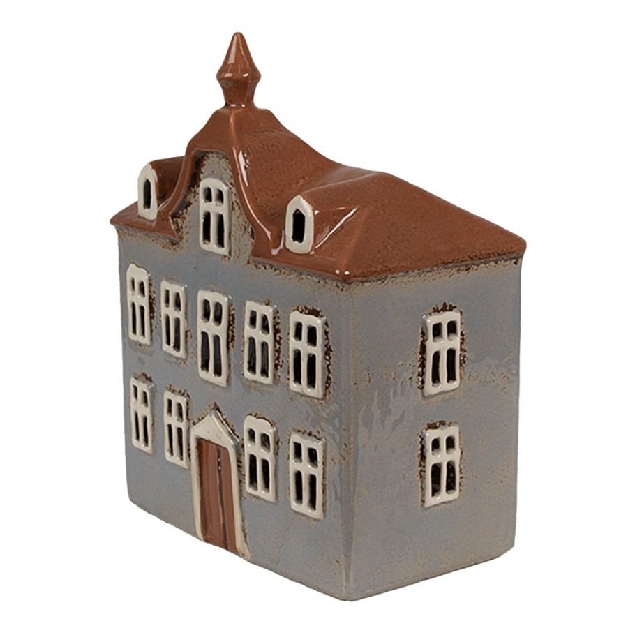 Šedý keramický svícen na čajovou svíčku domek Amster Village - 16*9*20 cm