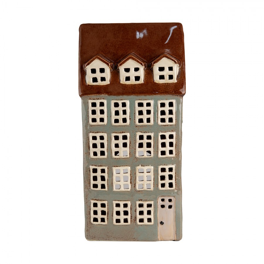 Šedý keramický svícen na čajovou svíčku domek Amster Village - 15*11*30 cm