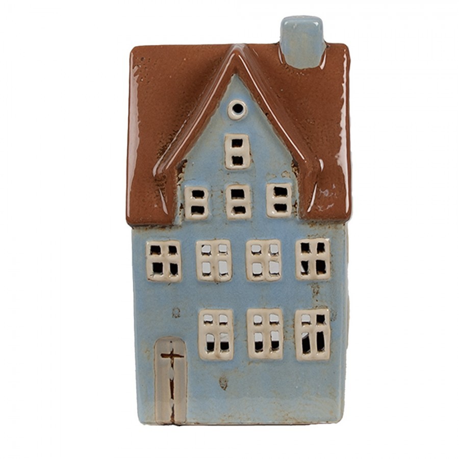 Modrý keramický svícen na čajovou svíčku domek Amster Village - 11*8*20 cm