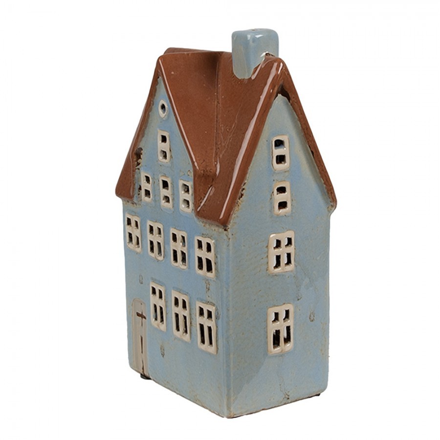 Modrý keramický svícen na čajovou svíčku domek Amster Village - 11*8*20 cm