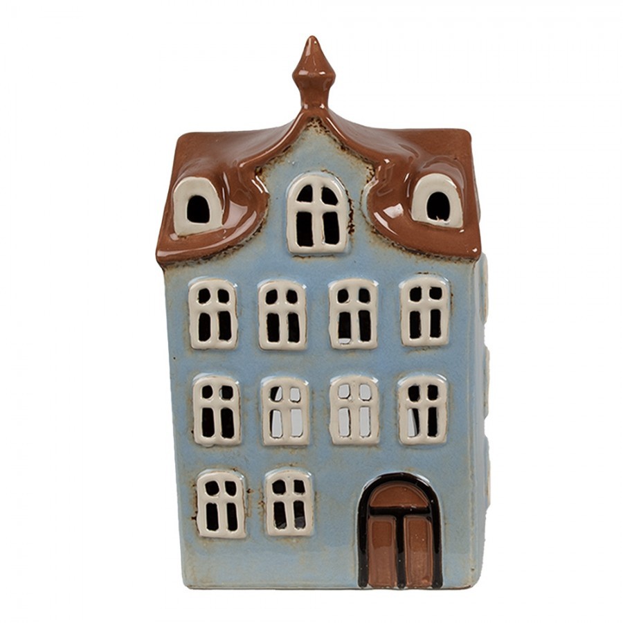 Modrý keramický svícen na čajovou svíčku domek Amster Village - 13*9*22 cm