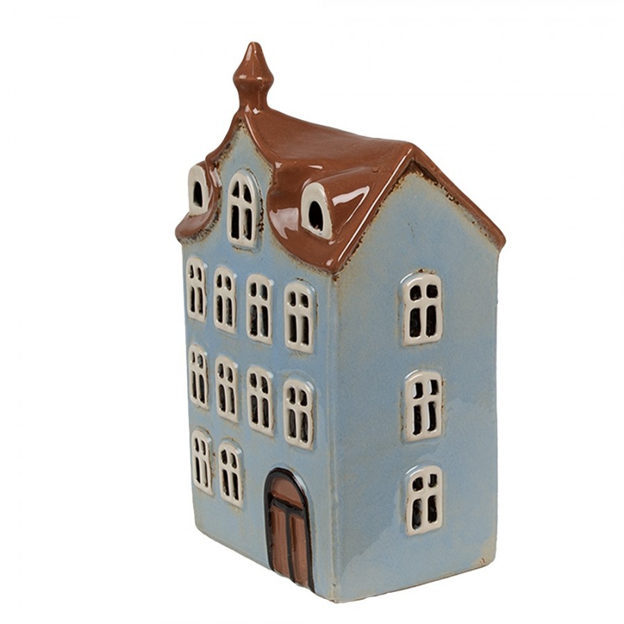 Modrý keramický svícen na čajovou svíčku domek Amster Village - 13*9*22 cm
