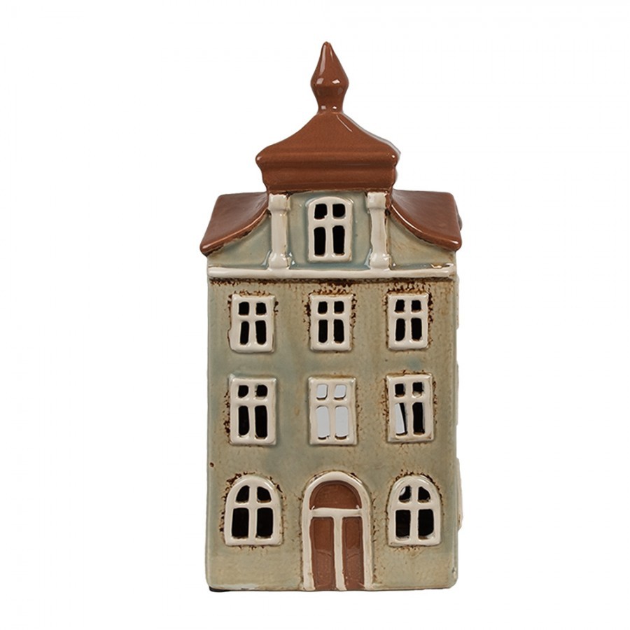 Zelený keramický svícen na čajovou svíčku domek Amster Village - 12*9*25 cm