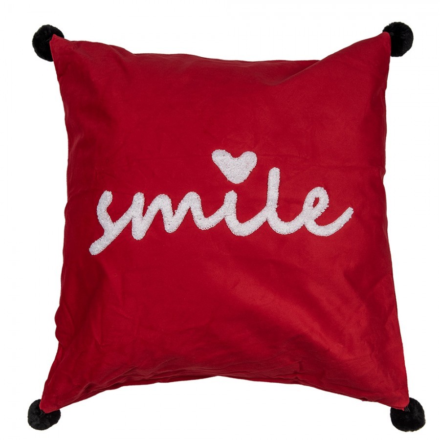 Červený povlak na polštář s vyšitým nápisem Smile - 45*45 cm