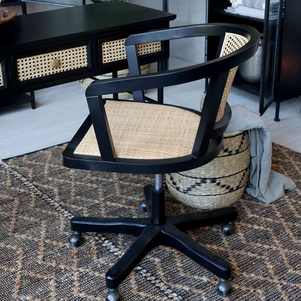 Černá dřevěná židle s výpletem a opěrkami na kolečkách Old French chair - 60*60*80 cm 