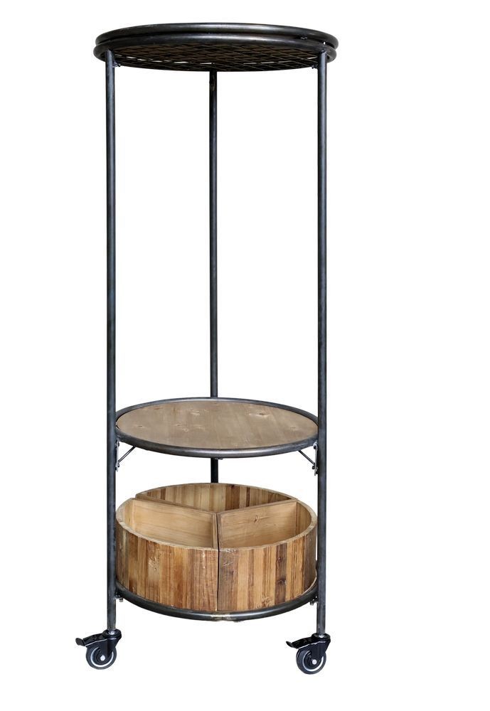 Černý kovový regál na kolečkách s dřevěnými podnosy Factory - Ø 60*160 cm