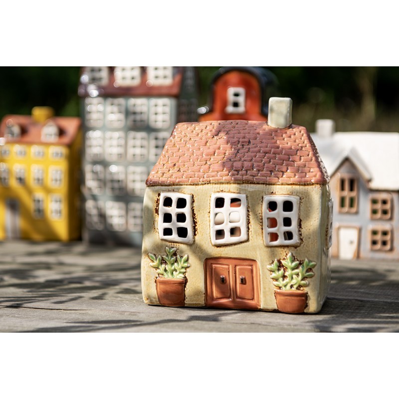 Hnědý keramický svícen na čajovou svíčku domek Amster Village - 17*10*19 cm