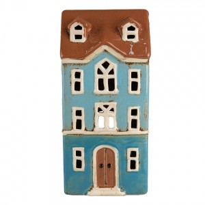 Modrý keramický svícen na čajovou svíčku domek Amster Village - 11*9*22 cm