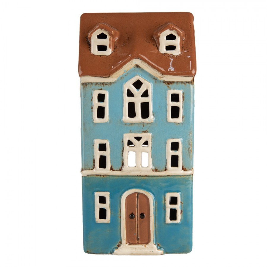 Modrý keramický svícen na čajovou svíčku domek Amster Village - 11*9*22 cm