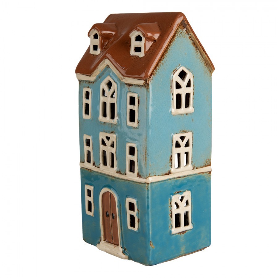 Modrý keramický svícen na čajovou svíčku domek Amster Village - 11*9*22 cm