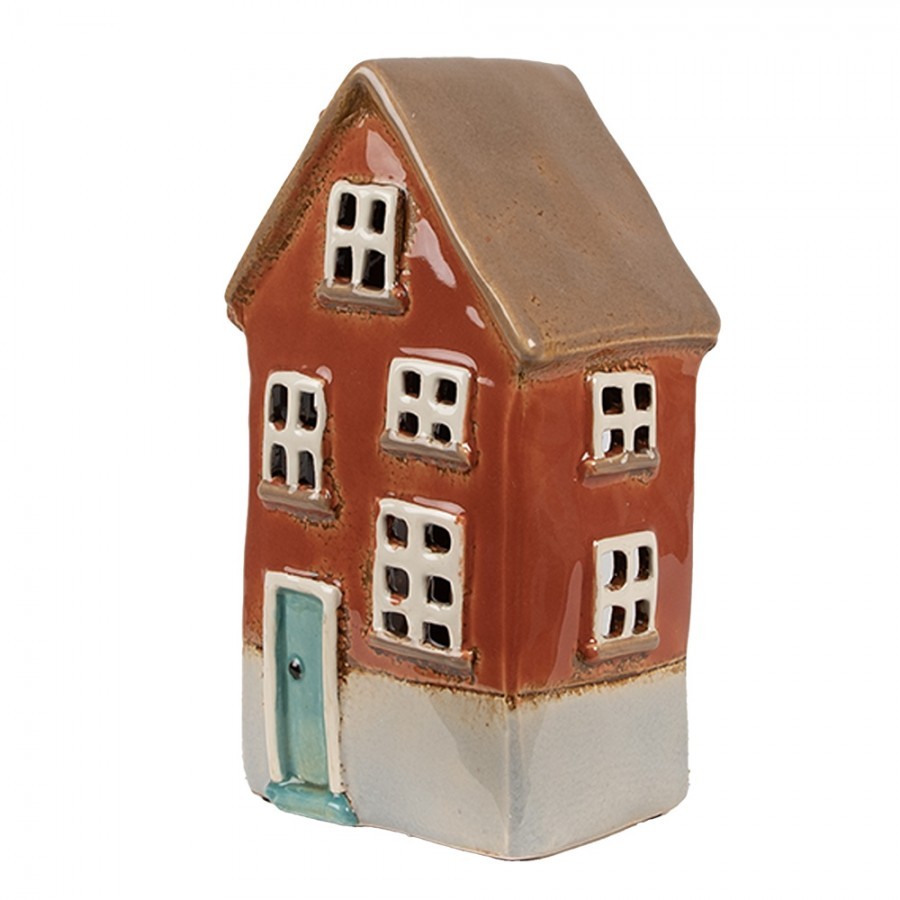 Hnědý keramický svícen na čajovou svíčku domek Amster Village - 10*8*18 cm