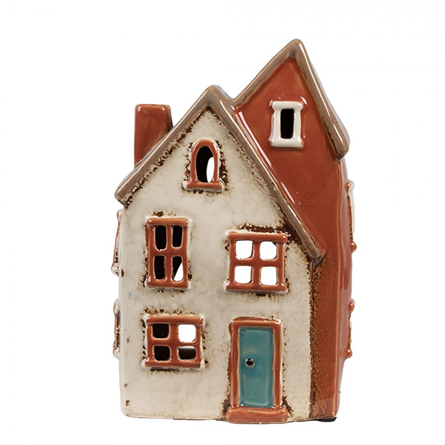 Béžovo-hnědý keramický svícen na čajovou svíčku domek Amster Village - 13*8*20 cm