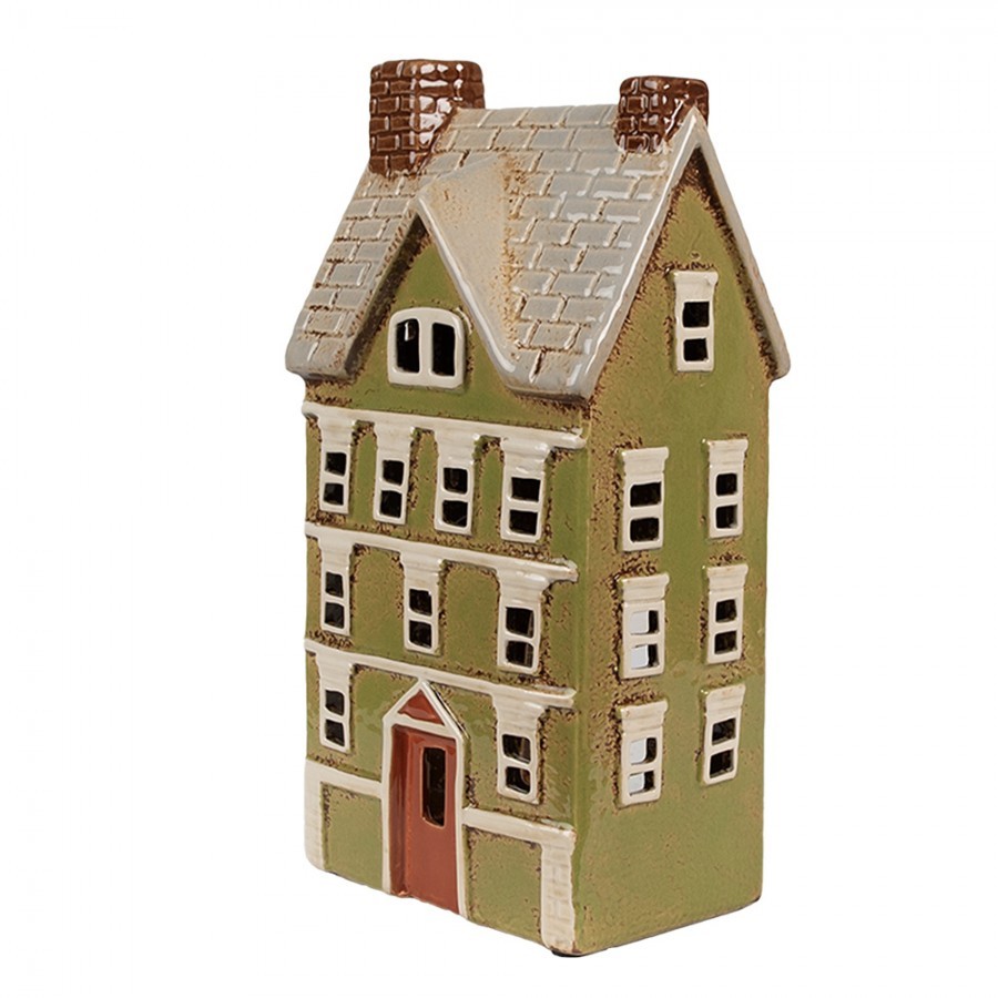 Zelený keramický svícen na čajovou svíčku domek Amster Village - 14*10*26 cm